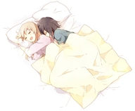 2girls :d closed_eyes drooling funami_yui multiple_girls namori open_mouth pillow sleeping smile toshinou_kyouko under_covers yuru_yuri // 966x793 // 381.4KB