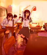\o arms_up brown_hair chin_rest classroom glasses long_hair open_mouth original outstretched_arms peeking school_uniform sepia short_hair sitting skirt stretch sunlight tsukino_hp window // 862x998 // 314.4KB