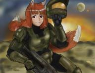 animal_ears assault_rifle bb_(baalbuddy) cosplay crossover drawfag gun halo_(game) holo master_chief master_chief_(cosplay) pun red_eyes red_hair rifle solo spice_and_wolf tail weapon wolf_ears wolf_tail // 900x700 // 838.5KB