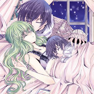 1girl 2boys c.c. child code_geass eyes_closed family good_end green_hair if_they_mated kiss lelouch_lamperouge meimi_k multiple_boys purple_hair sleeping // 1000x1000 // 681.3KB