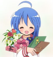 ahoge blue_hair bouquet eyes_closed flower gift izumi_konata long_hair lucky_star mel_(artist) school_uniform // 727x774 // 459.5KB