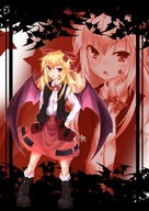 bat bat_wings blonde_hair boots bow elis_(touhou) facial_mark hair_bow hand_on_hip pointy_ears red_eyes skirt solo star touhou vest viki00 wings zoom_layer // 631x892 // 530KB