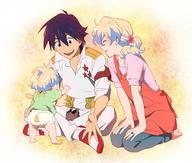 1boy 1girl baby blue_hair boota couple diaper family good_end happy hetero husband_and_wife if_they_mated jewelry mosako multicolored_hair nia_teppelin outstretched_hand ring simon sitting smile tengen_toppa_gurren_lagann two-tone_hair // 1091x924 // 1.1MB