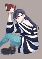 1girl akemi_homura ankle_boots aqua_legwear blue_eyes blue_hair boots brown_background glasses highres long_hair mahou_shoujo_madoka_magica off_shoulder pantyhose red-framed_glasses ringo78 shirt simple_background sleeves_pushed_up solo striped striped_shirt // 853x1200 // 373.3KB