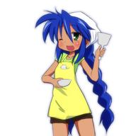 1girl apron bandanna blue_hair braid casual dark_skin green_eyes izumi_konata long_hair lucky_star mizushima_(p201112) spatula wink // 600x600 // 213.3KB
