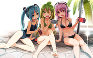 3girls arm_support barefoot bikini blue_hair breasts cleavage feet green_hair hatsune_miku headphones highres jewelry kuromaru9 long_hair multiple_girls navel necklace nitroplus one-piece_swimsuit original palm_tree personification pink_hair playing_games pool psp soniko swimsuit tree twintails vocaloid wink // 1920x1200 // 1.2MB