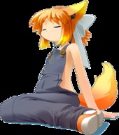 animal_ears artist_request closed_eyes earbuds earphones firefox flat_chest fox_ears fox_tail gradient_hair hair_ribbon lolifox multicolored_hair orange_hair os overalls ponytail ribbon shadow sitting tail transparent_background // 734x829 // 414KB
