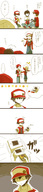 baseball_cap brown_hair cabbie_hat comic game_boy_advance game_boy_color hana_(mew) hat highres jacket kotone_(pokemon) multiple_persona nintendo nintendo_ds no_hat overalls pokemon product_placement red_(pokemon) thighhighs translated twintails // 450x1988 // 258KB