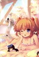 3girls =_= absurdres animal_ears black_hair blonde_hair blush bow brown_hair bunny_ears camisole cherry_blossoms collarbone curly_hair flat_chest hair_bow highres inaba_tewi long_hair luna_child lying minigirl multiple_girls newhonpo nightcap nightgown on_stomach open_mouth orange_hair poking purple_eyes sleeping star_sapphire stretch sunlight sunny_milk touhou wink // 2457x3628 // 1.8MB
