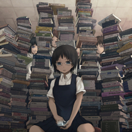 blue_eyes book brown_hair cellphone glasses highres original phone reading short_hair sitting social_commentary too_many_books wariza yajirushi_(chanoma) // 1200x1200 // 1.4MB