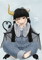bandages barefoot black_hair blush braid broken_horn demon_girl demon_tail fang feet hands_on_own_cheeks hands_on_own_face highres horns indian_style long_hair original pointy_ears polo_(pixiv1844541) red_eyes sitting smile solo tail toes twin_braids wings // 1000x1414 // 905.8KB