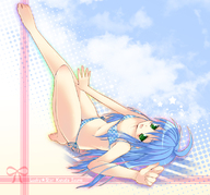 barefoot bikini blue_hair green_eyes izumi_konata long_hair lucky_star lying morita_gurutamin swimsuit // 800x746 // 438.7KB