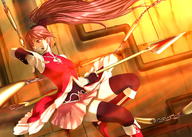 bare_shoulders black_thighhighs boots chain detached_sleeves grin highres long_hair mahou_shoujo_madoka_magica motion_blur mouth_hold pocky polearm ponytail red_eyes redhead sakura_kyouko shin_(world_3000) smile spear thigh-highs weapon zettai_ryouiki // 1312x935 // 1.1MB