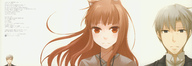 absurdres animal_ears ayakura_juu black_eyes brown_hair couple craft_lawrence highres holo long_hair long_image red_eyes reflection sad scan short_hair silver_hair spice_and_wolf wide_image wolf_ears // 3859x1324 // 1.4MB