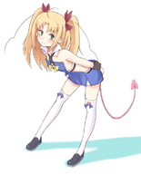 astarotte_ygvar bent_over blonde_hair blush bow demon_tail detached_collar green_eyes hair_bow long_hair lotte_no_omocha! purea smile tail thighhighs // 650x805 // 175.2KB