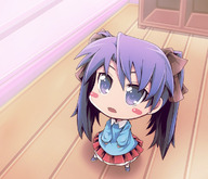 1girl blush_stickers chibi child from_above hiiragi_kagami kindergarten long_hair looking_up lucky_star open_mouth perspective purple_eyes purple_hair solo stare tom_(drpow) twintails young // 700x600 // 299.7KB