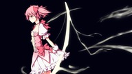 an_(angular-angler) bow_(weapon) brown_eyes choker dark gloves glowing hair_ribbon jewelry kaname_madoka magical_girl mahou_shoujo_madoka_magica pendant pink_eyes pink_hair profile ribbon short_hair short_twintails simple_background solo twintails weapon white_gloves // 1280x720 // 522KB