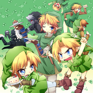 :d >_< \o a_link_to_the_past adventure_of_link arms_up belt black_hair blonde_hair blue_eyes blueberry blush_stickers boots brown_hair buckle cake checkerboard_cookie cherry chibi child cookie dark_link dark_persona doughnut earrings fangs fingerless_gloves food fork four_swords fruit gloves grey_hair grey_skin hand_on_hip hat highres in_the_face innocent_key jewelry link majora's_mask mashiron melon multiple_persona navi nintendo ocarina_of_time open_mouth outstretched_arms parody pie_in_face plate pointy_ears pointy_hair popped_collar red_eyes smile spoon strawberry tears the_legend_of_zelda toon_link touhou triforce tunic twilight_princess upside-down wind_waker wink wrist_cuffs // 1488x1488 // 2.2MB
