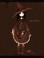 black_hair boots english hal_(angelic_devil) halloween hat long_hair original pumpkin skirt skirt_lift solo standing stuffed_animal stuffed_bunny stuffed_toy witch_hat // 500x650 // 351.4KB