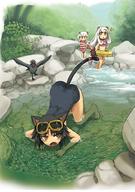 \\\ 3girls all_fours animal_ears barefoot bird black_hair cat_ears cat_tail crab diving_mask dog_ears ike_(altitude_attitude) koma_(neko_musume_michikusa_nikki) kurona_(neko_musume_michikusa_nikki) multiple_girls neko_musume_michikusa_nikki one-piece_swimsuit pond shishimaru_(neko_musume_michikusa_nikki) stone swimming swimsuit tail tengu_(neko_musume_michikusa_nikki) top-down_bottom-up tube water yellow_eyes // 704x1000 // 1022.8KB
