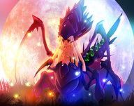 blonde_hair breasts covering covering_breasts fireflies full_moon happy helm insect_girl long_hair luckymate monster_girl moon navel nude personification red_eyes smile solo starcraft starcraft_2:_wings_of_liberty topless very_long_hair zerg zerg_queen // 900x707 // 235KB