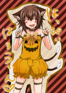 animal_ears brown_hair cat_ears cat_tail chen earrings halloween highres jewelry monrooru multiple_tails short_hair solo tail thigh_strap touhou // 1183x1660 // 2.1MB