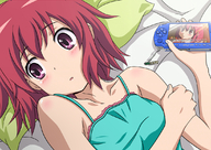 anime_coloring bare_shoulders bed_sheet blush dress embarrassed face frilled_dress frills holding_arm kushieda_minori lying open_mouth pillow playing_games psp purple_eyes red_hair short_hair solo toradora! translated wingheart // 1100x780 // 782KB