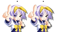 blue_eyes foreshortening hiiragi_tsukasa lucky_star pointing purple_hair rindou_(awoshakushi) school_uniform serafuku short_hair stereogram wink // 800x450 // 189.8KB