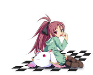 :3 animal_ears antenna_hair bad_id blush boots casual cat_ears character_doll checkered checkered_floor earrings eating food from_behind fruit hair_ribbon hoodie jewelry kyubey long_hair looking_back mahou_shoujo_madoka_magica open_mouth pink_eyes pink_hair ponytail ribbon sakura_kyouko sitting strawberry striped take_(office-t) thigh_boots thighhighs tongue // 1200x967 // 161.7KB