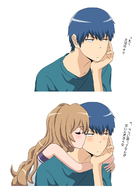 aisaka_taiga blue_hair blush brown_hair cheek_kiss couple highres hug hug_from_behind kiss long_hair takasu_ryuuji toradora! translated tsundere u-56 // 871x1200 // 275KB