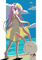 barefoot beach blonde_hair bunny dress highres ki_(adotadot) long_hair mesousa open_mouth pani_poni_dash! purple_eyes rebecca_miyamoto see-through see-through_silhouette silhouette sky water // 1650x2360 // 1.1MB