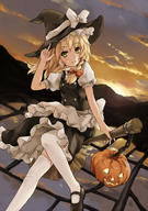 apron blonde_hair braid broom broom_riding buttons chain cloud dress hair_ribbon halloween hand_on_hat hat jack-o'-lantern kirisame_marisa light_smile looking_at_viewer mary_janes pumpkin ribbon rice_paddy shoes sky solo sunlight sunset thighhighs touhou white_legwear witch_hat xiao_qiang_(overseas) yellow_eyes zettai_ryouiki // 800x1135 // 781KB