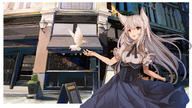 1girl :d animal animal_ears architecture bad_id bad_pixiv_id bangs bird black_gloves blue_neckwear blue_skirt braid breasts building cafe collared_shirt day dove eyebrows_visible_through_hair floating_hair fox_ears frilled_sleeves frills gloves hair_between_eyes highres lamp long_hair long_skirt looking_away medium_breasts menu_board neck_ribbon open_mouth original outdoors plant potted_plant red_eyes ribbon sagiri_(ulpha220) shirt short_sleeves sidelocks silver_hair single_glove skirt smile solo standing underbust white_shirt window // 2000x1129 // 1.7MB