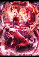 bare_shoulders black_legwear boots chain detached_sleeves feathers feet foreshortening highres letterboxed long_hair mahou_shoujo_madoka_magica mgi open_mouth polearm ponytail pov_feet red_eyes redhead sakura_kyouko spear tears thigh-highs weapon yosuke // 953x1400 // 1.0MB