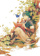 1boy ame_(conronca) blue_eyes blue_hair book boots butterfly goggles original pants short_hair sitting tree white_background // 703x1000 // 517KB