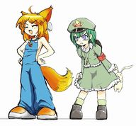 2girls angry animal_ears armband blue_eyes bunny crab firefox fox_ears fox_tail green_dam hat jpeg_artifacts lolifox multiple_girls naked_overalls os overalls shoes simple_background stuffed_animal stuffed_toy tagme tail tears // 800x743 // 79KB