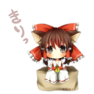 :< animal_ears bad_id bow box brown_hair cardboard_box cat_ears chibi detached_sleeves girl_in_a_box hair_bow hakurei_reimu in_container kemonomimi_mode large_bow pasutel pout sleeves_past_wrists touhou // 750x750 // 185KB