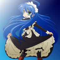 blue_hair dress dress_lift from_behind green_eyes izumi_konata long_hair looking_back lucky_star maid mizushima_(p201112) pantyhose // 1000x1000 // 714KB