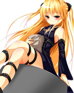1girl bag blonde_hair blush crossed_legs detached_sleeves hair_ornament highres kinta_(distortion) konjiki_no_yami long_hair paper_bag red_eyes sitting solo thigh_strap to_love-ru to_love-ru_darkness twintails two_side_up very_long_hair // 1024x1280 // 555.4KB