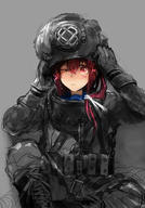 1girl ascot blush boots cus-tom diving_helmet diving_suit hair_ornament helmet i-168_(kantai_collection) kantai_collection load_bearing_vest one_eye_closed red_eyes red_hair ribbon side_ponytail sketch solo // 700x1000 // 208.1KB