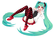 aqua_hair bittersweet_(dalcoms) glasses hatsune_miku headphones highres jewelry kocchi_muite_baby_(vocaloid) long_hair necklace open_mouth panties project_diva project_diva_2nd red_eyes skirt solo spring_onion striped striped_panties striped_thighhighs thigh-highs twintails very_long_hair vocaloid // 1969x1386 // 552KB
