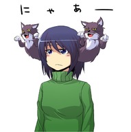 1girl animal_ears cat cat_ears no_nose parody pun saya_(sayamendo) short_hair simple_background solo surreal sweater too_literal translated white_background // 633x637 // 133KB