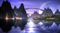 bridge fantasy full_moon highres lake landscape light_particles moon mountain night no_humans original reflection scenery smile_(qd4nsvik) water // 1920x1080 // 2.0MB