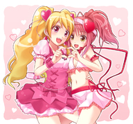 amulet_heart blonde_hair blush chobipero crossover cure_peach flat_chest fresh_precure! happy heart heart_hands heart_hands_duo hinamori_amu long_hair midriff momozono_love open_mouth pink_eyes pink_hair precure shugo_chara! skirt smile twintails yellow_eyes // 1160x1080 // 698.0KB