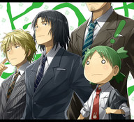 ! black_hair formal green_hair jumbo koiwai_yotsuba mr_koiwai ryou_(kimagure) suit yanda yotsubato! // 660x600 // 218KB
