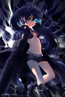 arm_cannon belt bikini_top black_hair black_rock_shooter black_rock_shooter_(character) blue_eyes boots coat front-tie_top glowing_eyes kaze-hime long_hair midriff navel short_shorts shorts smile solo twintails uneven_twintails very_long_hair weapon // 768x1130 // 562.6KB