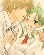 adult blonde_hair blush cravat dress_shirt green_hair koiwai_yotsuba necktie neko_yuuko school_uniform yanda yotsubato! // 472x590 // 70KB