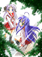 :3 ahoge blue_eyes blue_hair green_eyes hiiragi_kagami izumi_konata long_hair lucky_star purple_hair school_uniform serafuku shizuku-mahoroba // 729x1000 // 700KB