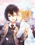 :d ;d arm_hug black_hair blazer blonde_hair blue_eyes blush character_request cheek_kiss cherry_blossoms closed_eyes face hand_on_shoulder kiss necktie open_mouth petals profile shirabi_(life-is-free) smile twintails wink // 644x814 // 436.7KB