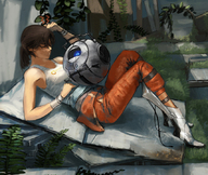 bandages bare_shoulders boots brown_hair chell closed_eyes grass jumpsuit long_hair lying on_back personality_core ponytail portal portal_2 sage_(artist) wheatley // 855x720 // 448KB